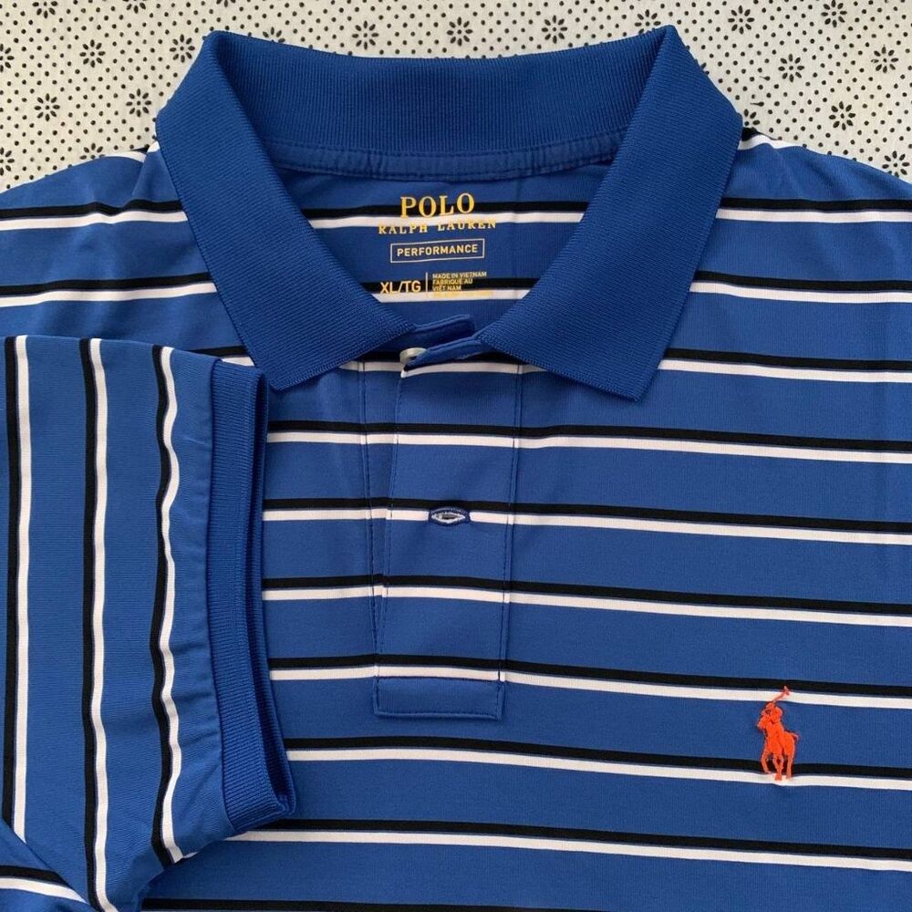 Polo Ralph Lauren Performance Striped Polo Shirt XL Blue White Black SS